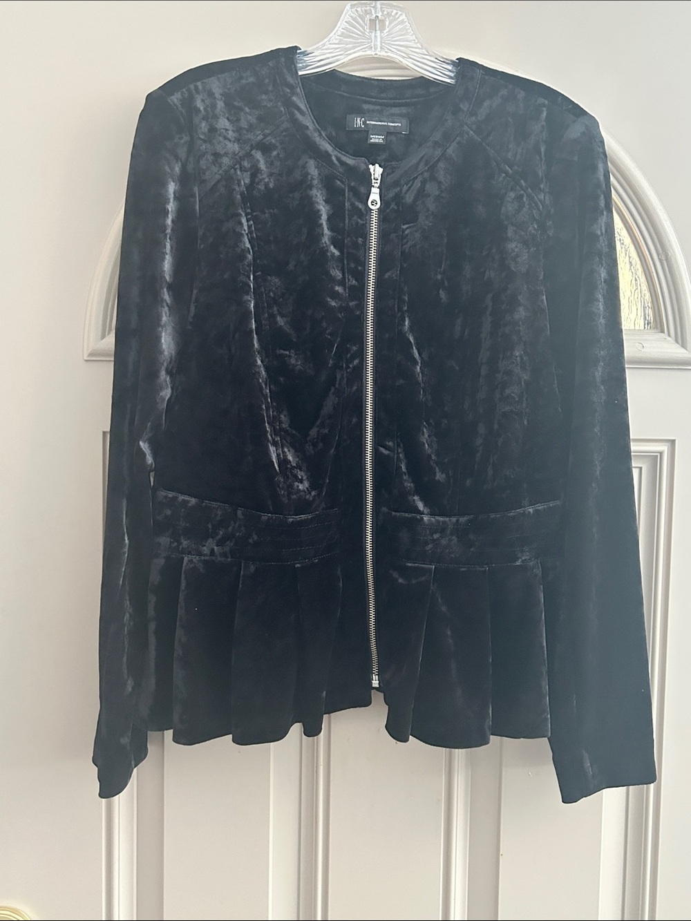 INC International Concepts Black Velvet Zip-Front Peplum Bomber Jacket